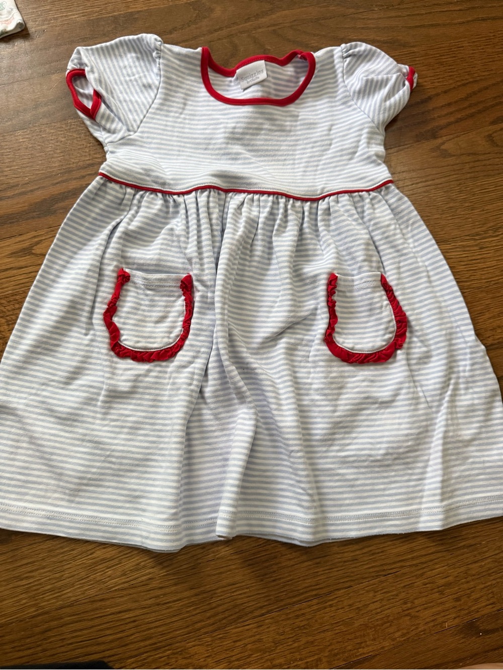 Squiggles Pima Blue & White Striped Kids Dress with Red Trim